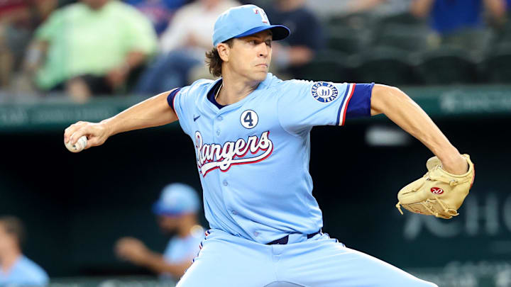 Jun 1, 2025; Arlington, Texas, USA; Texas Rangers starting pitcher Jacob deGrom (48) throws during the first inning against the St. Louis Cardinals at Globe Life Field