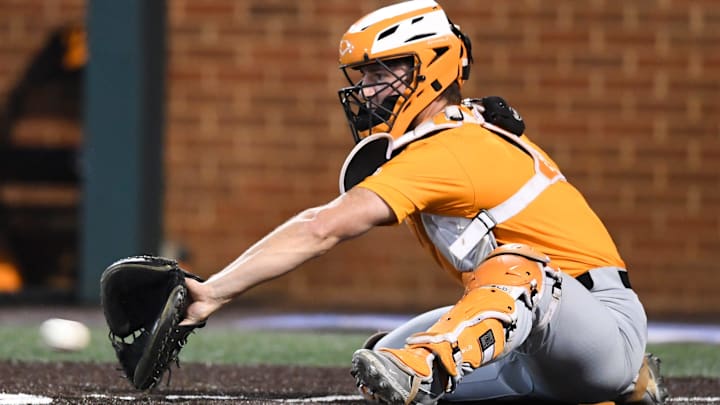 Tennessee catcher Evan Russell catches a pitch during the NCAA Baseball Tournament Knoxville Regional between the Tennessee Volunteers and Campbell Fighting Camels held at Lindsey Nelson Stadium on Saturday, June 4, 2022.

Utvcampbell0604 1880