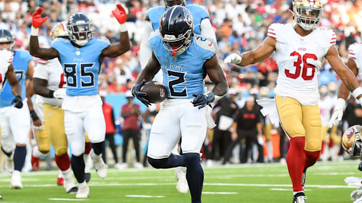 Aug 10, 2024; Nashville, Tennessee, USA;  Tennessee Titans running back Tyjae Spears (2) runs the ball against the San Francisco 49ers during the first half at Nissan Stadium.