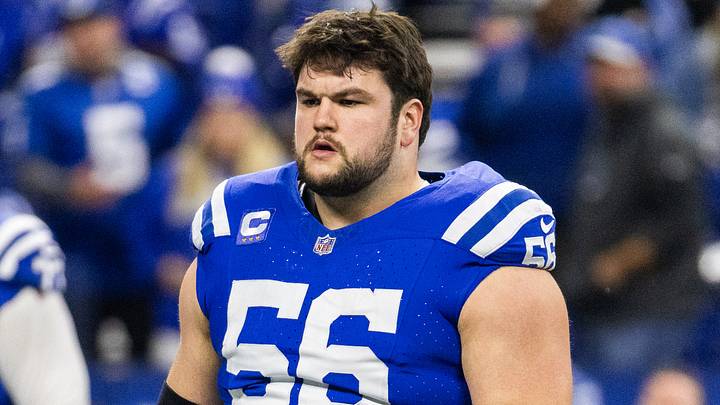 Indianapolis Colts guard Quenton Nelson (56) during warmups before the game against the Las Vegas Raiders.