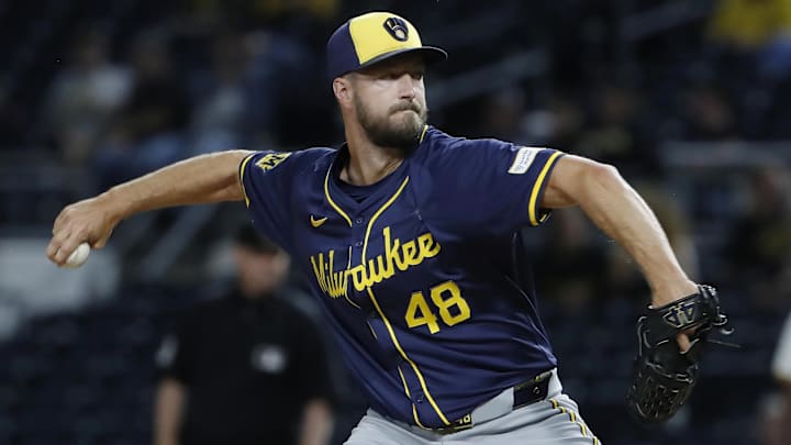 Sep 24, 2024; Pittsburgh, Pennsylvania, USA; Milwaukee Brewers relief pitcher Colin Rea (48) pitches against the Pittsburgh Pirates during the sixth inning at PNC Park. 