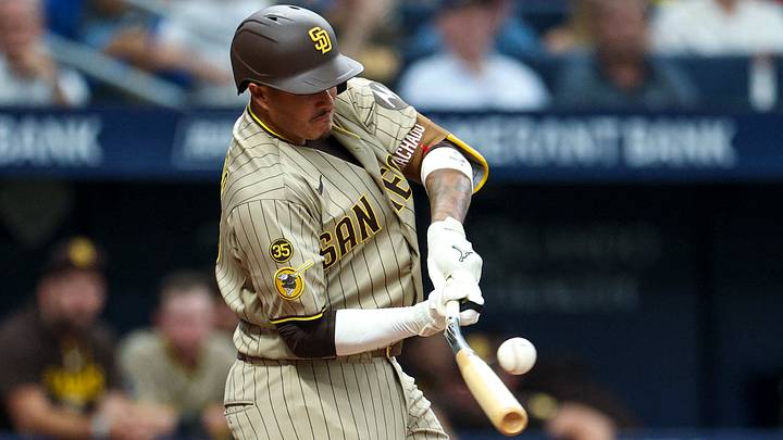 Aug 29, 2026; St. Petersburg, Florida, USA; San Diego Padres third baseman Manny Machado (13) hits a broken bat single against the Tampa Bay Rays in the sixth inning at Tropicana Field. Mandatory Credit: Nathan Ray Seebeck-Imagn Images Aug 29, 2026; St. Petersburg, Florida, USA; San Diego Padres third baseman Manny Machado (13) hits a broken bat single against the Tampa Bay Rays in the sixth inning at Tropicana Field. Mandatory Credit: Nathan Ray Seebeck-Imagn Images