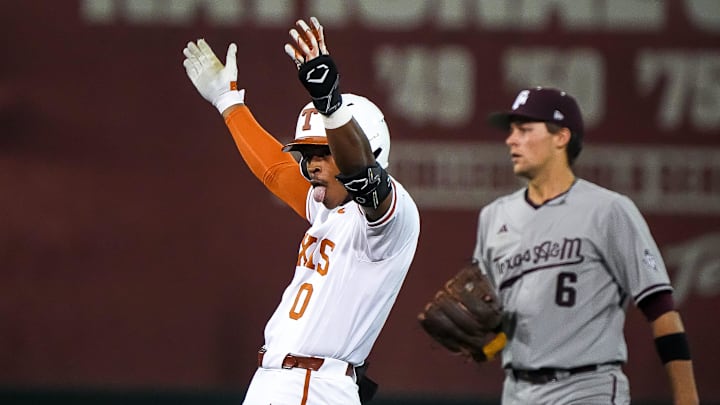 Texas Longhorns infielder Jayden Duplantier (0) celebrates a hit for a double during the Lone Star Showdown against Texas A&M at UFCU Disch-Falk Field on Friday, April 25, 2025. Texas Longhorns infielder Jayden Duplantier (0) celebrates a hit for a double during the Lone Star Showdown against Texas A&M at UFCU Disch-Falk Field on Friday, April 25, 2025.