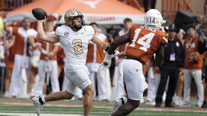 Nov 1, 2025; Austin, Texas, USA; Vanderbilt Commodores quarterback Diego Pavia (2) throws a pass during the first half against the Texas Longhorns at Darrell K Royal-Texas Memorial Stadium. Mandatory Credit: Scott Wachter-Imagn Images