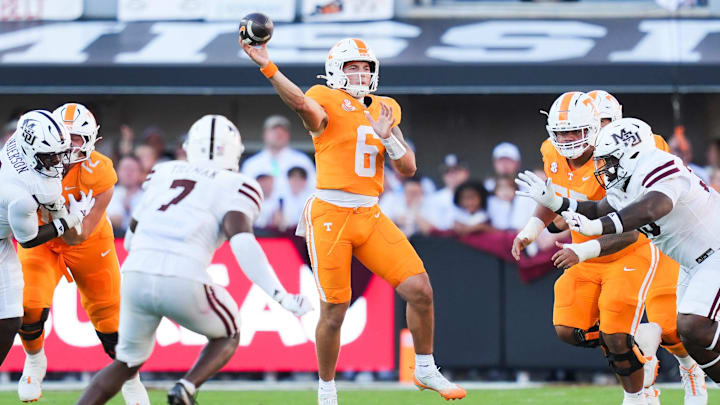 Tennessee quarterback Joey Aguilar (6) throws a pass during a college football game between Tennessee and Mississippi State at Davis Wade Stadium in Starkville, Miss., on Sept. 27, 2025.