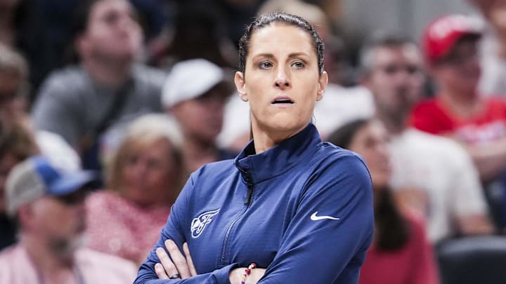 Jun 3, 2025; Indianapolis, Indiana, USA; Indiana Fever head coach Stephanie White watches the action during a game between the Indiana Fever and the Washington Mystics at Gainbridge Fieldhouse in Indianapolis. Mandatory Credit:  Grace Smth- INDIANAPOLIS STAR-Imagn Images