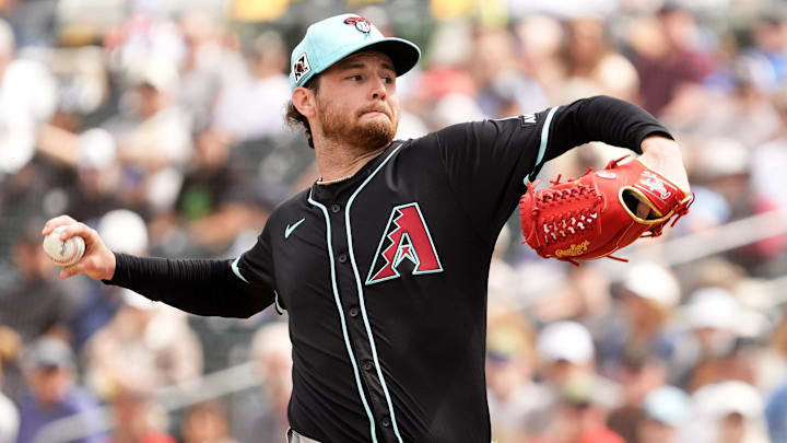 Arizona Diamondbacks starting pitcher Ryne Nelson throws to the Athletics in the first inning during a spring training game at Hohokam Stadium on March 12, 2025, in Mesa.