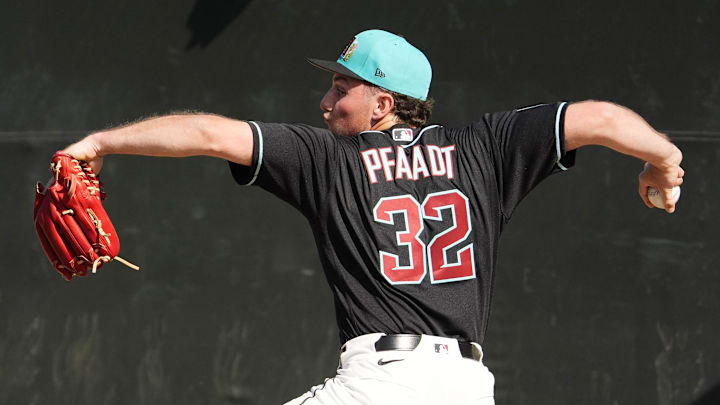 Arizona Diamondbacks pitcher Brandon Pfaadt (32) during spring training workouts on Feb. 10, 2026, at Salt River Fields in Scottsdale. Arizona Diamondbacks pitcher Brandon Pfaadt (32) during spring training workouts on Feb. 10, 2026, at Salt River Fields in Scottsdale.