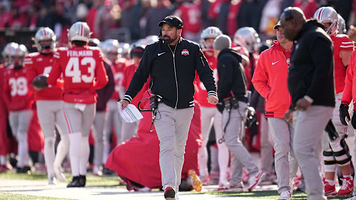 Ohio State Buckeyes head coach Ryan Day walks the sideline during the second half of the NCAA football game against the Michigan Wolverines at Ohio Stadium in Columbus on Saturday, Nov. 30, 2024. Michigan won 13-10.