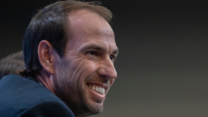 Indianapolis Colts' Shane Steichen smiles as he listens to questions