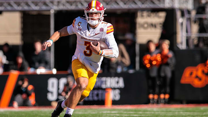 Nov 29, 2025; Stillwater, Oklahoma, USA; Iowa State Cyclones quarterback Rocco Becht (3) runs during the second half against the Oklahoma State Cowboys at Boone Pickens Stadium. Mandatory Credit: William Purnell-Imagn Images Nov 29, 2025; Stillwater, Oklahoma, USA; Iowa State Cyclones quarterback Rocco Becht (3) runs during the second half against the Oklahoma State Cowboys at Boone Pickens Stadium. Mandatory Credit: William Purnell-Imagn Images