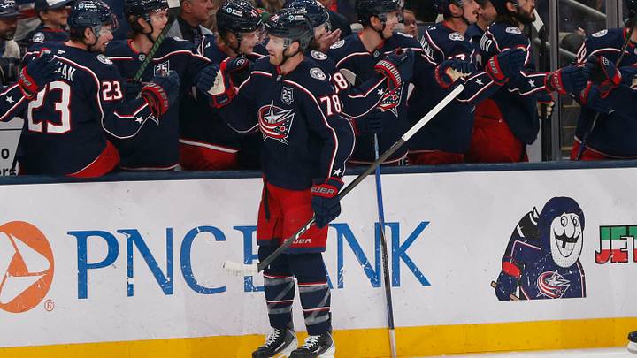 Mar 21, 2026; Columbus, Ohio, USA; Columbus Blue Jackets defenseman Damon Severson (78) celebrates his goal against the Seattle Kraken during the first period at Nationwide Arena. Mandatory Credit: Russell LaBounty-Imagn Images