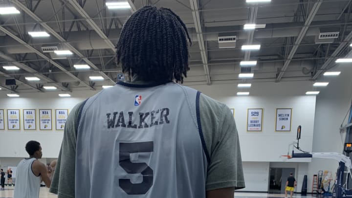 Indiana Pacers forward Jarace Walker looks on during a practice before 2024 summer league play. (Mandatory Photo Credit: Pacers on SI)