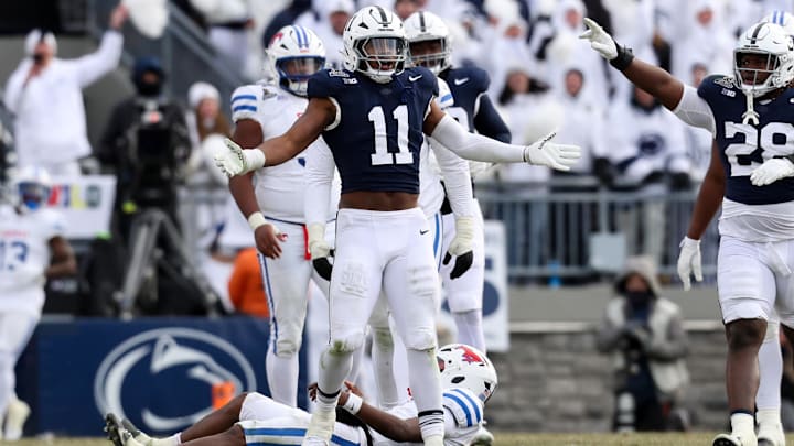 Former Penn State defensive end Abdul Carter celebrates a sack vs. SMU in the first round of the College Football Playoff. 