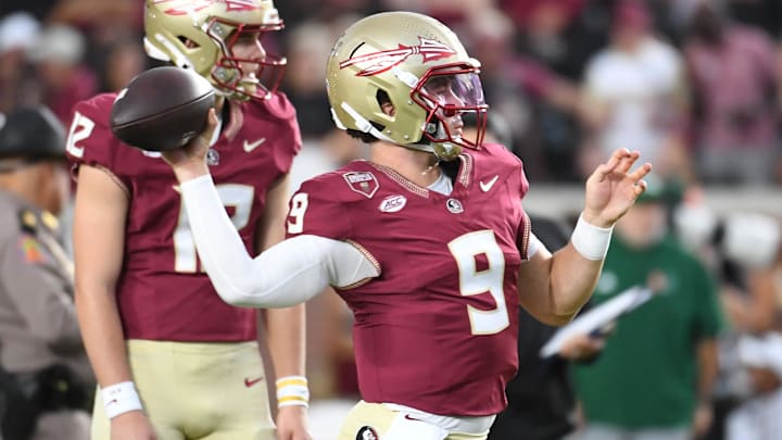 Oct 4, 2025; Tallahassee, Florida, USA; Florida State Seminoles quarterback Kevin Sperry (9) warms up before a game against the Miami Hurricanes at Doak S. Campbell Stadium. Mandatory Credit: Robert Myers-Imagn Images