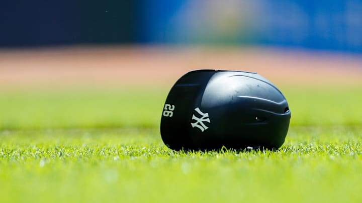 May 21, 2023; Cincinnati, Ohio, USA; The helmet of New York Yankees third baseman DJ LeMahieu (26) during the fifth inning against the Cincinnati Reds at Great American Ball Park. Mandatory Credit: Katie Stratman-Imagn Images