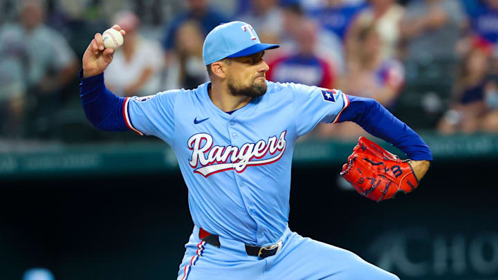 Aug 4, 2024; Arlington, Texas, USA; Texas Rangers starting pitcher Nathan Eovaldi (17) throws during the first inning against the Boston Red Sox at Globe Life Field. Aug 4, 2024; Arlington, Texas, USA; Texas Rangers starting pitcher Nathan Eovaldi (17) throws during the first inning against the Boston Red Sox at Globe Life Field.
