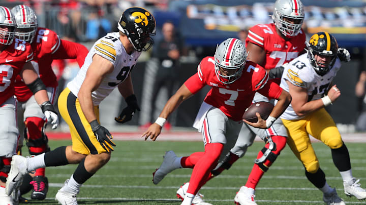 Oct 22, 2022; Columbus, Ohio, USA;  Ohio State Buckeyes quarterback C.J. Stroud (7) runs during the third quarter against the Iowa Hawkeyes at Ohio Stadium