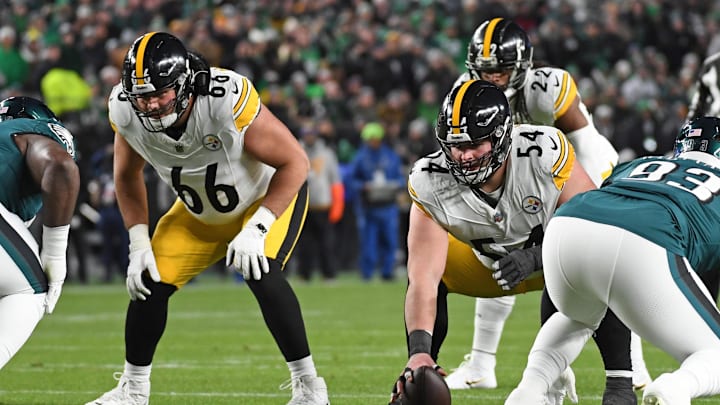 Dec 15, 2024; Philadelphia, Pennsylvania, USA; Pittsburgh Steelers guard Mason McCormick (66) and center Zach Frazier (54) against the Philadelphia Eagles at Lincoln Financial Field. Mandatory Credit: Eric Hartline-Imagn Images Dec 15, 2024; Philadelphia, Pennsylvania, USA; Pittsburgh Steelers guard Mason McCormick (66) and center Zach Frazier (54) against the Philadelphia Eagles at Lincoln Financial Field. Mandatory Credit: Eric Hartline-Imagn Images