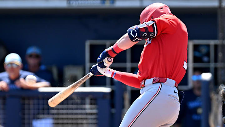 Mar 13, 2025; Port Charlotte, Florida, USA; Washington Nationals right fielder Dylan Crews (3) hits a single in the first inning against the Tampa Bays Rays during spring training at Charlotte Sports Park. Mar 13, 2025; Port Charlotte, Florida, USA; Washington Nationals right fielder Dylan Crews (3) hits a single in the first inning against the Tampa Bays Rays during spring training at Charlotte Sports Park.