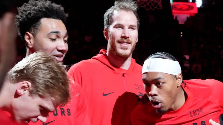 Mar 15, 2026; Toronto, Ontario, CAN; Toronto Raptors guard Scottie Barnes (center) huddles up with teammates before the start of the game against the Detroit Pistons at Scotiabank Arena. Mandatory Credit: John E. Sokolowski-Imagn Images