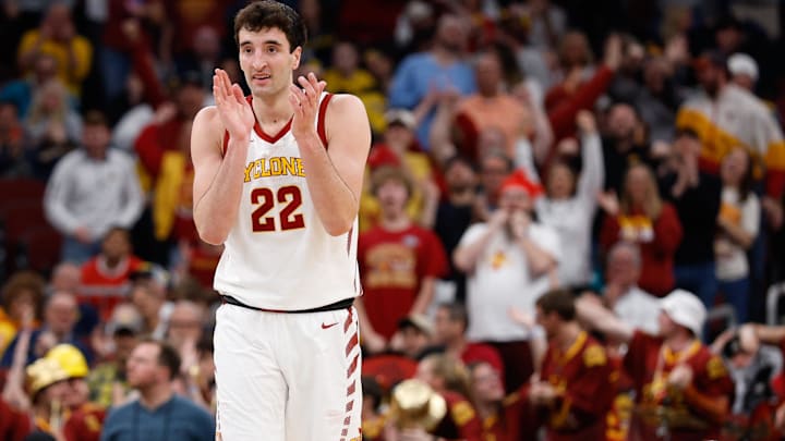 Mar 27, 2026; Chicago, IL, USA; Iowa State Cyclones forward Milan Momcilovic (22) reacts in the first half against the Tennessee Volunteers during a Sweet Sixteen game of the Midwest Regional of the men's 2026 NCAA Tournament at United Center. Mar 27, 2026; Chicago, IL, USA; Iowa State Cyclones forward Milan Momcilovic (22) reacts in the first half against the Tennessee Volunteers during a Sweet Sixteen game of the Midwest Regional of the men's 2026 NCAA Tournament at United Center.