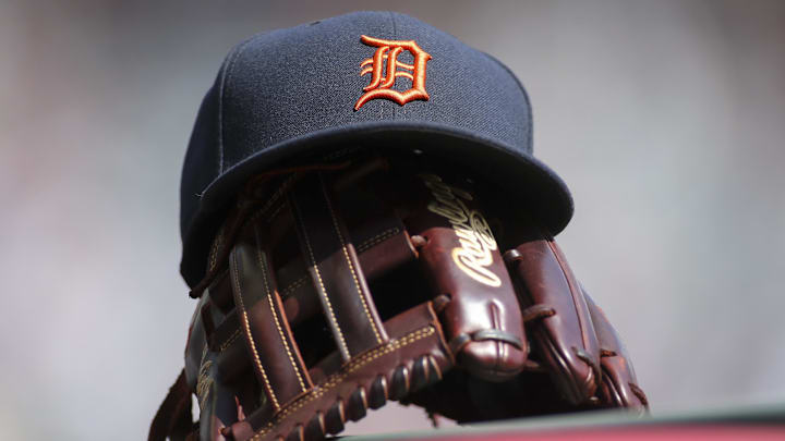 Jun 1, 2019; Atlanta, GA, USA; Detroit Tigers hat and glove are seen in the dugout before a game against the Atlanta Braves at SunTrust Park. Jun 1, 2019; Atlanta, GA, USA; Detroit Tigers hat and glove are seen in the dugout before a game against the Atlanta Braves at SunTrust Park.