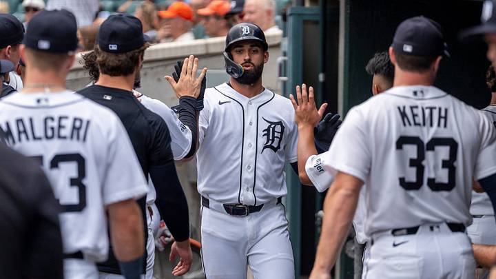Detroit Tigers outfielder Riley Greene (31) celebrates in the dugout after scoring a run. Detroit Tigers outfielder Riley Greene (31) celebrates in the dugout after scoring a run.