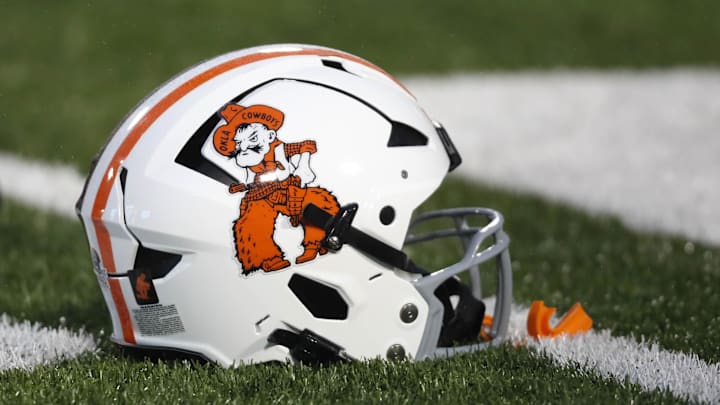Oct 28, 2023; Stillwater, Oklahoma, USA; An Oklahoma State helmet is seen before a game between the Oklahoma State Cowboys and the Cincinnati Bearcats at Boone Pickens Stadium. Mandatory Credit: Bryan Terry-Imagn Images