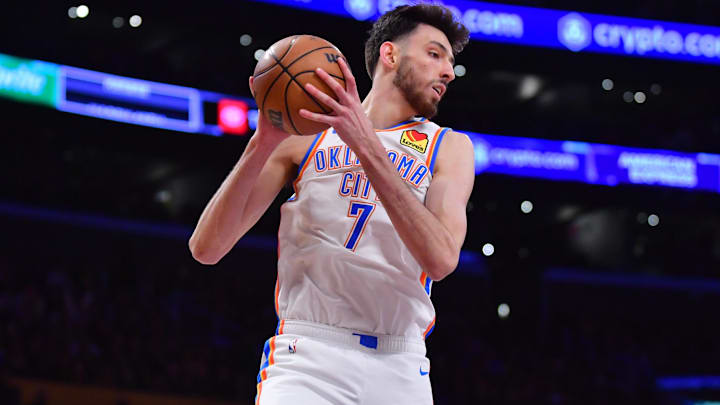 Mar 4, 2024; Los Angeles, California, USA;  Oklahoma City Thunder forward Chet Holmgren (7) gets the