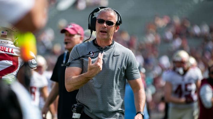 Florida State Seminoles head coach Mike Norvell gets pumped up after a play. Seminole fans watched as the Florida State football team hosted the FSU Garnet and Gold Spring Showcase on Saturday, April 15, 2023.
Fsu Spring Game712 Florida State Seminoles head coach Mike Norvell gets pumped up after a play. Seminole fans watched as the Florida State football team hosted the FSU Garnet and Gold Spring Showcase on Saturday, April 15, 2023.
Fsu Spring Game712
