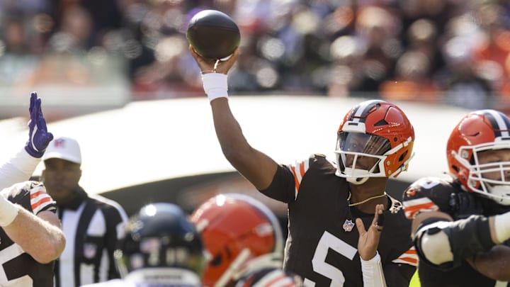 Oct 27, 2024; Cleveland, Ohio, USA; Cleveland Browns quarterback Jameis Winston (5) throws the ball against the Baltimore Ravens during the second quarter at Huntington Bank Field. Mandatory Credit: Scott Galvin-Imagn Images