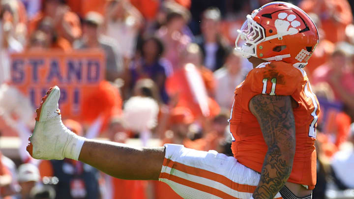 Clemson Tigers defensive tackle Peter Woods (11) celebrates after sacking Duke Blue Devils quarterback Darian Mensah (10) Saturday, Nov. 1, 2025, during the NCAA football game at Memorial Stadium in Clemson, South Carolina. Clemson Tigers defensive tackle Peter Woods (11) celebrates after sacking Duke Blue Devils quarterback Darian Mensah (10) Saturday, Nov. 1, 2025, during the NCAA football game at Memorial Stadium in Clemson, South Carolina.
