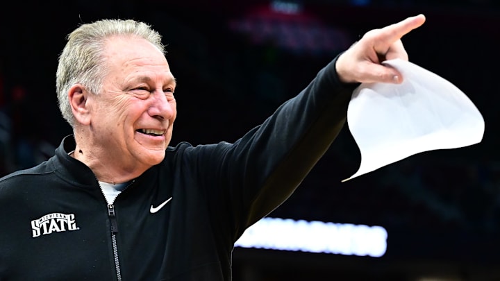 Mar 23, 2025; Cleveland, OH, USA; Michigan State Spartans head coach Tom Izzo celebrates after the game against the New Mexico Lobos during the NCAA Tournament Second Round at Rocket Arena. Mandatory Credit: Ken Blaze-Imagn Images