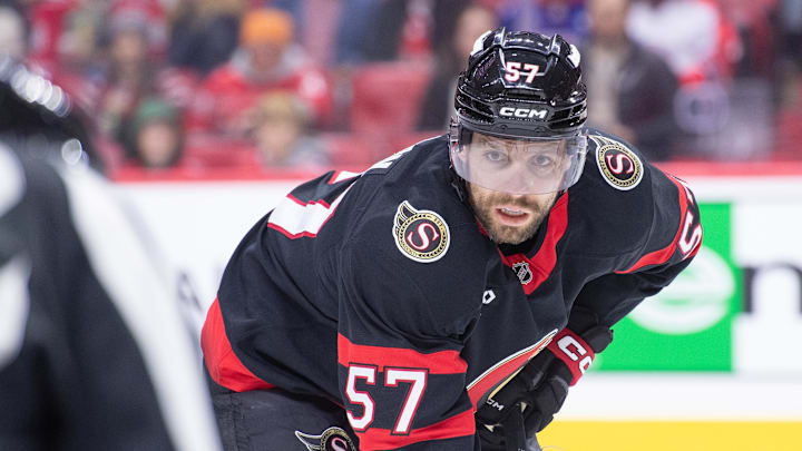 Jan 1, 2026; Ottawa, Ontario, CAN; Ottawa Senators left wing David Perron (57) gets in position for a faceoff in the first period against the Washington Capitals at the Canadian Tire Centre. Mandatory Credit: Marc DesRosiers-IMAGN Images
