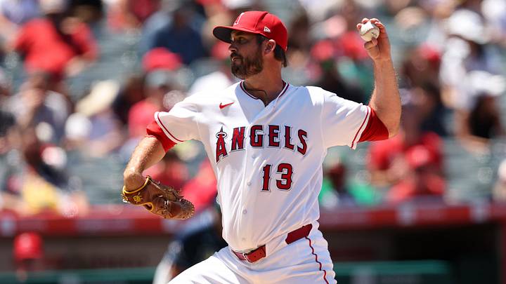 Jun 14, 2026; Anaheim, California, USA;  Los Angeles Angels pitcher Drew Pomeranz (13) pitches during the fourth inning against the Tampa Bay Rays at Angel Stadium. Mandatory Credit: Kiyoshi Mio-Imagn Images