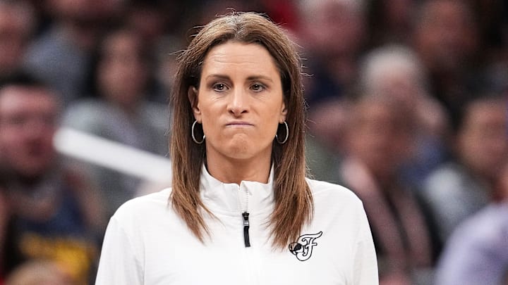 May 30, 2025; Indianapolis, Indiana, USA; Indiana Fever head coach Stephanie White watches the game from the sidelines Friday, May 30, 2025, during the game at Gainbridge Fieldhouse in Indianapolis. The Connecticut Sun defeated the Indiana Fever, 85-83. Mandatory Credit: Grace Hollars-USA TODAY Network via Imagn Images