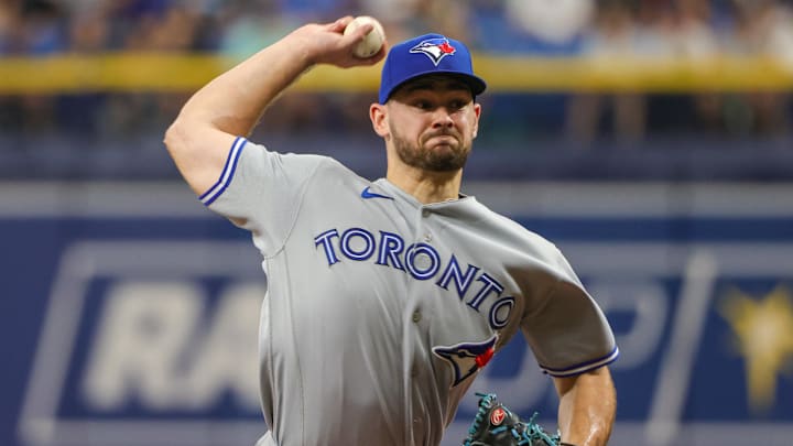 Sep 25, 2022; St. Petersburg, Florida, USA; Toronto Blue Jays relief pitcher Zach Pop (56) throws a