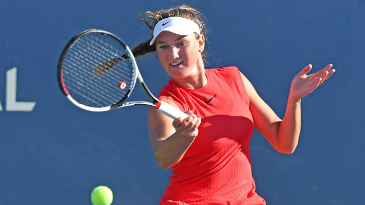 Aug 5, 2017; Toronto, Ontario, Canada;  Carson Branstine (CAN) hits a shot against Donna Vekic (not pictured) during the Rogers Cup tennis tournament at Aviva Centre. Mandatory Credit: Dan Hamilton-Imagn Images