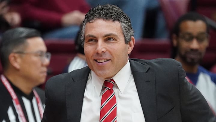 UNLV Runnin' Rebels head coach Josh Pastner waits for the start of the game against the Stanford Cardinal at Maples Pavilion. Mandatory Credit: David Gonzales-Imagn Images