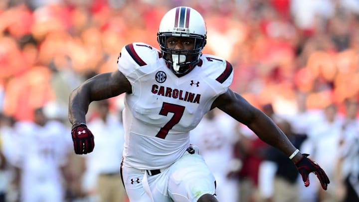 Sep 7, 2013; Athens, GA, USA; South Carolina Gamecocks defensive end Jadeveon Clowney (7) rushes the passer against the Georgia Bulldogs during the second half at Sanford Stadium. Georgia defeated South Carolina 41-30. Mandatory Credit: Dale Zanine-Imagn Images