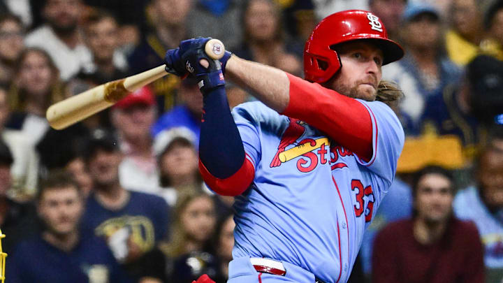 Sep 13, 2025; Milwaukee, Wisconsin, USA; St. Louis Cardinals second baseman Brendan Donovan (33) hits a solo home run against the Milwaukee Brewers in the third inning at American Family Field. Mandatory Credit: Benny Sieu-Imagn Images