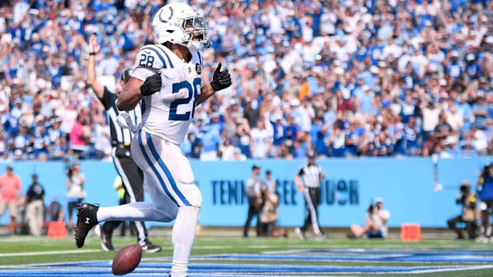 Sep 21, 2025; Nashville, Tennessee, USA; Indianapolis Colts running back Jonathan Taylor (28) celebrates his touchdown against the Tennessee Titans during the second halfat Nissan Stadium. Mandatory Credit: Steve Roberts-Imagn Images Sep 21, 2025; Nashville, Tennessee, USA; Indianapolis Colts running back Jonathan Taylor (28) celebrates his touchdown against the Tennessee Titans during the second halfat Nissan Stadium. Mandatory Credit: Steve Roberts-Imagn Images