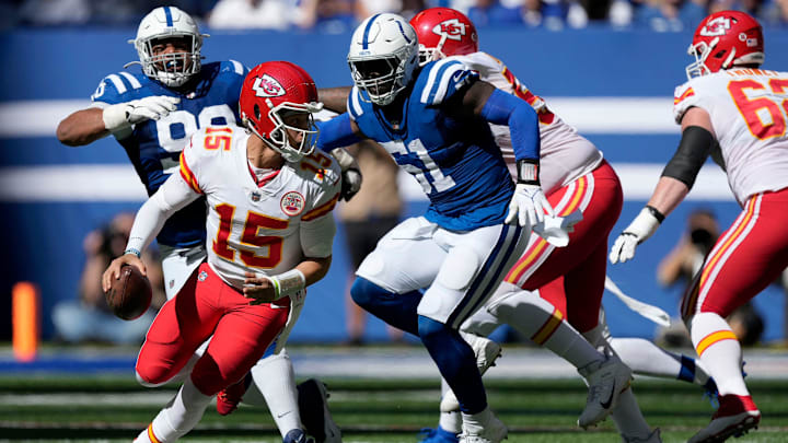 Kansas City Chiefs quarterback Patrick Mahomes (15) scrambles out of the pocket while being pressured by Indianapolis Colts defenders Sunday, Sept. 25, 2022, during a game against the Kansas City Chiefs at Lucas Oil Stadium in Indianapolis. Kansas City Chiefs quarterback Patrick Mahomes (15) scrambles out of the pocket while being pressured by Indianapolis Colts defenders Sunday, Sept. 25, 2022, during a game against the Kansas City Chiefs at Lucas Oil Stadium in Indianapolis.