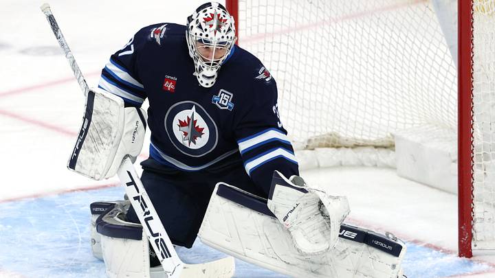 Mar 24, 2026; Winnipeg, Manitoba, CAN; Winnipeg Jets goaltender Connor Hellebuyck (37) makes a skate save against the Vegas Golden Knights in the third period at Canada Life Centre. Mandatory Credit: James Carey Lauder-Imagn Images Mar 24, 2026; Winnipeg, Manitoba, CAN; Winnipeg Jets goaltender Connor Hellebuyck (37) makes a skate save against the Vegas Golden Knights in the third period at Canada Life Centre. Mandatory Credit: James Carey Lauder-Imagn Images