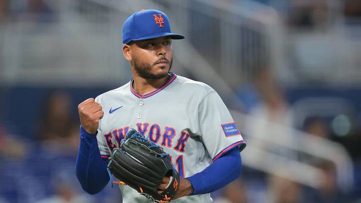 May 23, 2026; Miami, Florida, USA; New York Mets starting pitcher Freddy Peralta (51) reacts against the Miami Marlins during the fifth inning at loanDepot Park. Mandatory Credit: Sam Navarro-Imagn Images