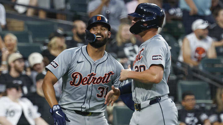 Detroit Tigers first baseman Spencer Torkelson (20) celebrates with outfielder Riley Greene.