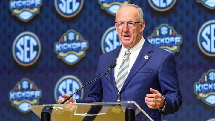 Jul 16, 2025; Atlanta, GA, USA; SEC commissioner Greg Sankey speaks to the media during the SEC Media Day at Omni Atlanta Hotel. Mandatory Credit: Jordan Godfree-Imagn Images