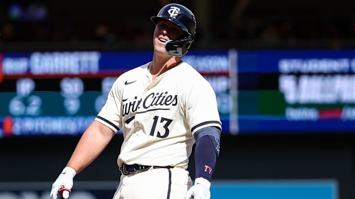 Apr 16, 2025; Minneapolis, Minnesota, USA; Minnesota Twins first baseman Ty France (13) celebrates his walk-off single against the New York Mets during the tenth inning at Target Field. Apr 16, 2025; Minneapolis, Minnesota, USA; Minnesota Twins first baseman Ty France (13) celebrates his walk-off single against the New York Mets during the tenth inning at Target Field.