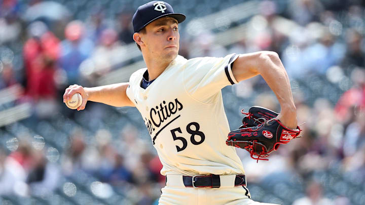Apr 16, 2025; Minneapolis, Minnesota, USA; Minnesota Twins starting pitcher David Festa (58) delivers a pitch against the New York Mets during the first inning at Target Field.